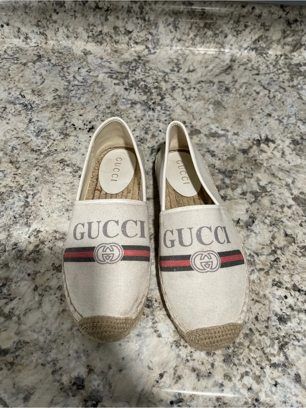 Gucci Beige Canvas Logo Espadrille Slip-Ons with Red and Green Web